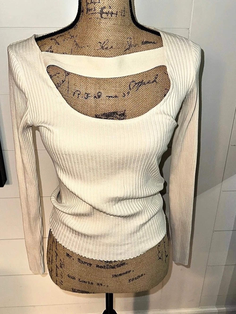 Zara Cream Ribbed Knit Cutout Long Sleeve Top Square Neck Size L NWT